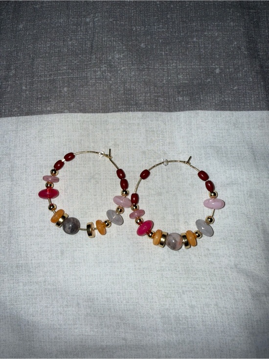 Jewelry - Handcrafted Multicolor Gemstone Hoop Earrings - Gold Accents
